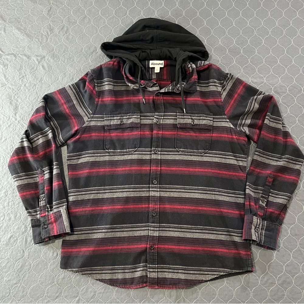 Abound Men’s Black Hooded Flannel with Burgundy & Gray Stripes